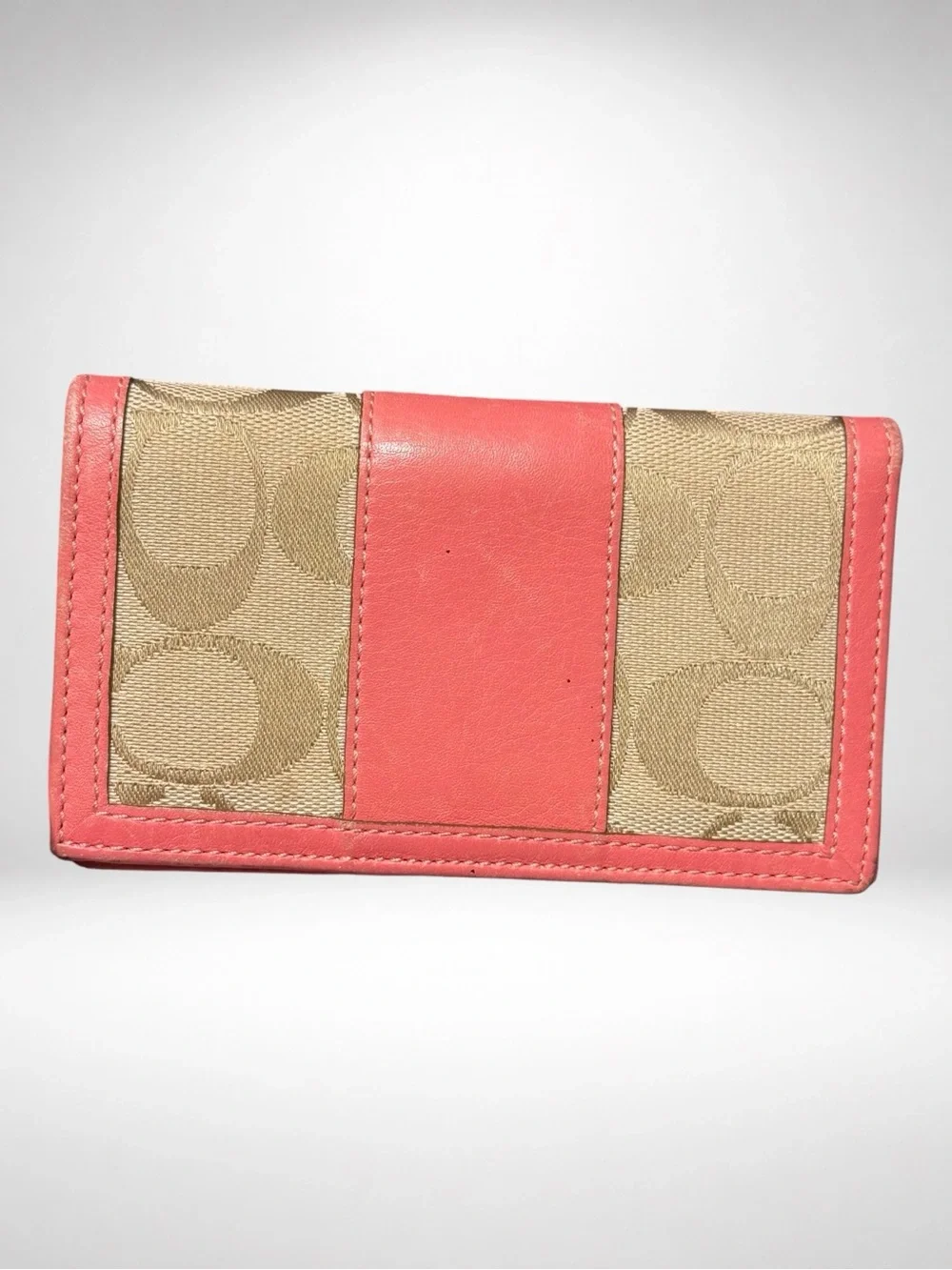 COACH Signature Card Case Wallet Khaki Coral Pink Leather Bifold Vintage Y2K